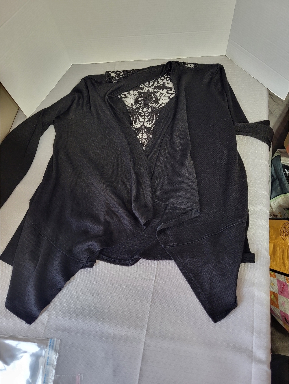 Kismet Black Open-Front Cardigan with Lace Back, Size Large - Picture 5 of 5